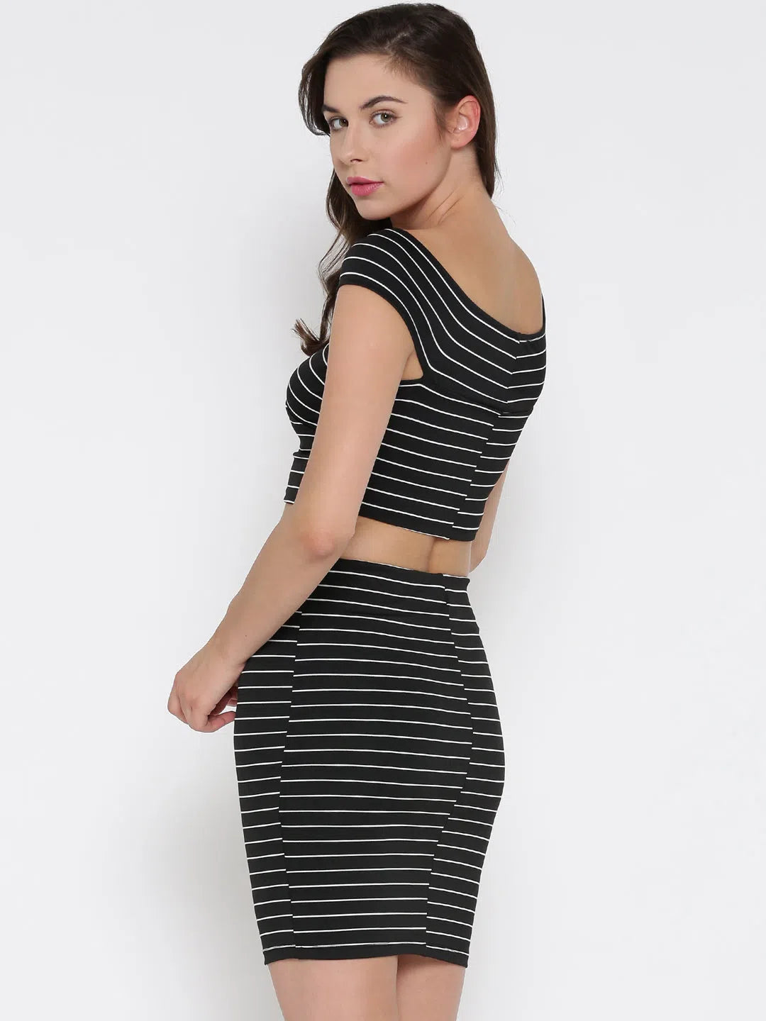 Women's Peter Pan Collar DressesBlack Striped Bandage Bardot Bodycon Co-Ordinate Dress