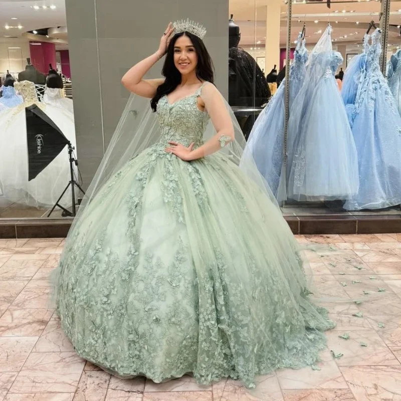 Women's Notched Collar DressesSage Green Luxury Quinceanera Dresses With Cloak Butterfly Lace Tull Birthday Party Prom Vestidos De 15 Anos Ball Gowns