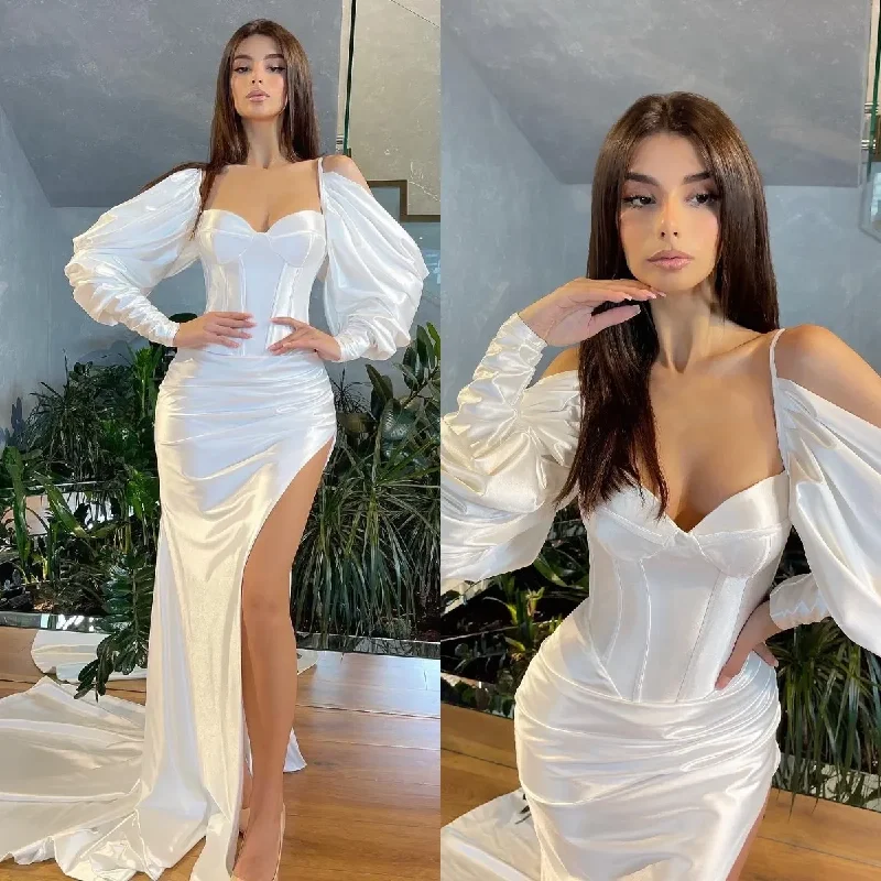 Women's Pleated DressesElegant White Sexy Split Pleats Mermaid Evening Dresses Sweetheart Long Sleeves Formal Long special occasion Party Prom Dress