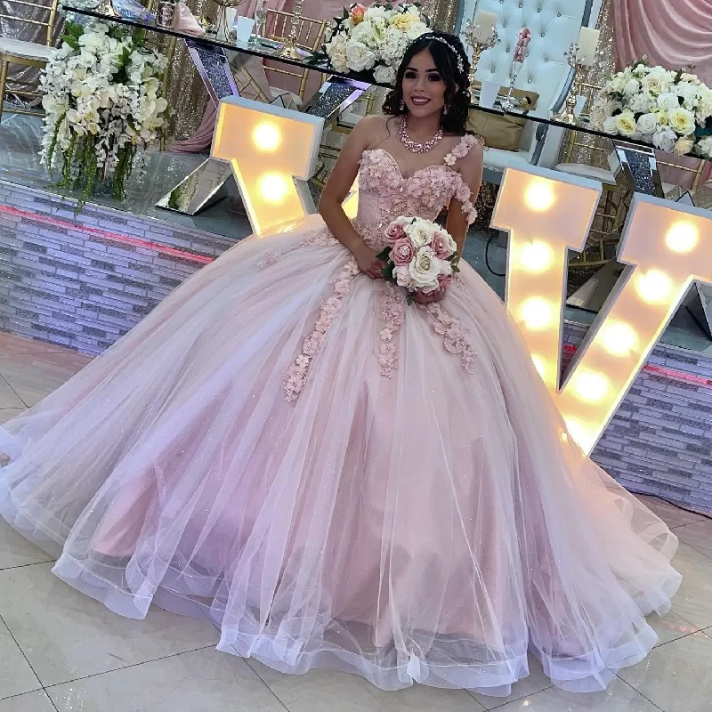 Women's Wide-Neck DressesVestido De 15 Quinceañeras 2024 Pink Ball Gown Quinceanera Dresses One Shoulder 3D Floral Sweet 16 Dress Custom Made Party Gown