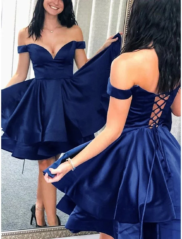 Women's High Collar DressesA-Line Homecoming Dresses Backless Dress Graduation Sweet 16 Short / Mini Sleeveless Off Shoulder Satin with Pleats