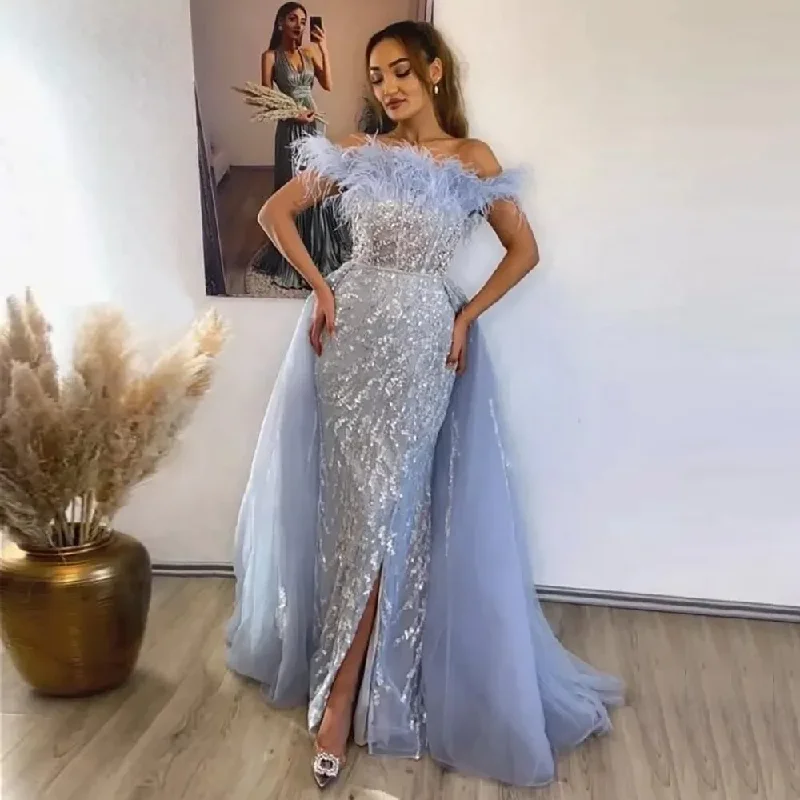 Women's Off-the-Shoulder DressesCharming Lavender Shimmery Lace Long Prom Dresses With Detachable Train Feather Neckline Dubai Formal Party Maxi Gowns