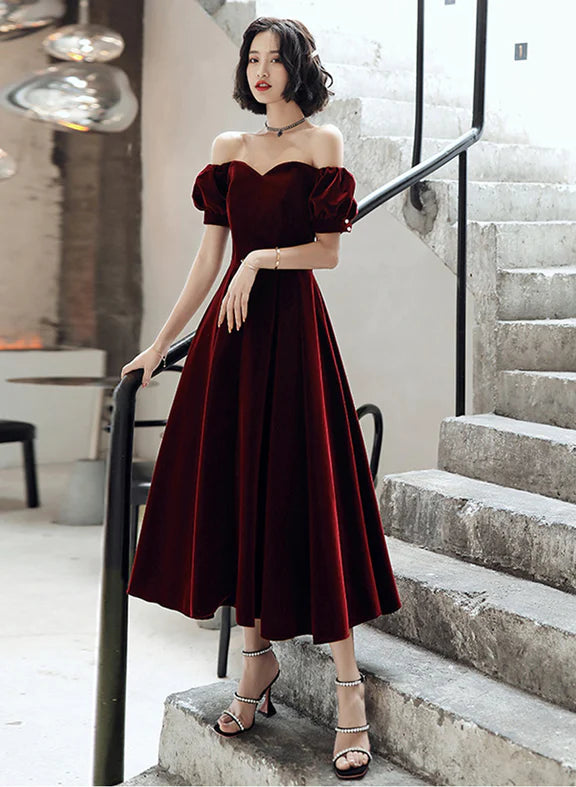 Women's Low Collar DressesWine Red Velvet Tea Length Off Shoulder Party Dress, Wine Red Bridesmaid Dress