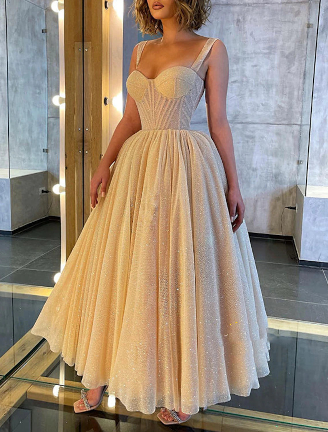 Women's Square-Neck DressesBall Gown Prom Dresses Corsets Dress Wedding Party Dress Birthday Ankle Length Sleeveless Spaghetti Strap Tulle with Glitter Sequin