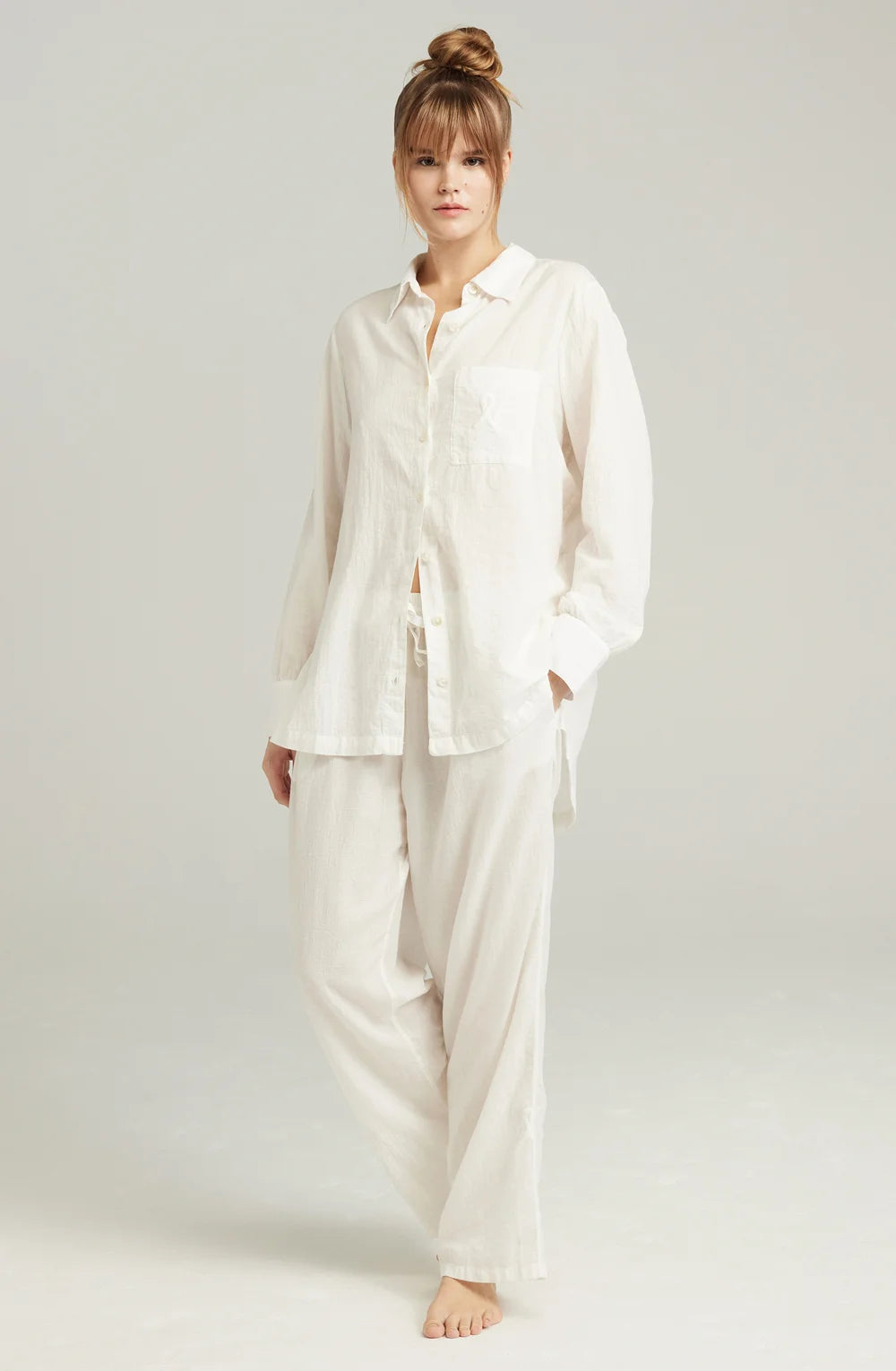 women's pajamas with a blend of comfort, style, and functionalityLadies White Organic Cotton Front Pocket Embroidery Mother Of Pearl Buttons Relaxed Fit 100% OEKO-TEX Certified Cotton Sleepwear Shirt