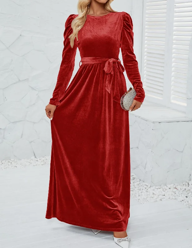 Women's Gathered DressesEvening Dress Women's Velvet Maxi Dress Long Puff Sleeve Crew Neck Formal Wear Dresses Wedding Guest Dress