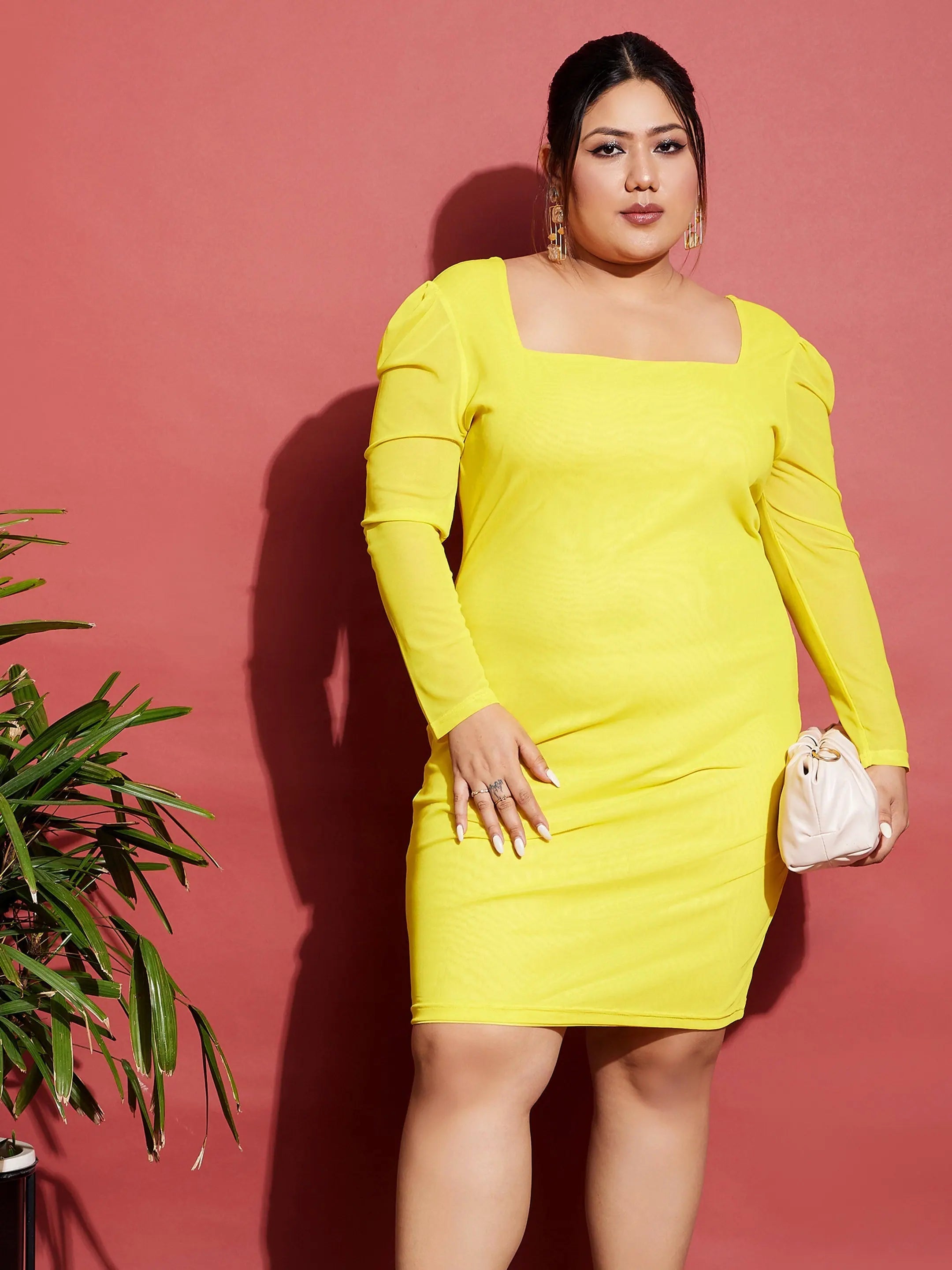 Women's Ruffled DressesWomen Yellow Mesh Bodycon Dress