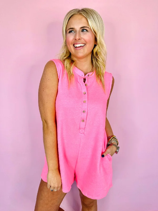 Women's Jumpsuits with Square CollarCARPOOL COMFORT TERRY ROMPER - PINK