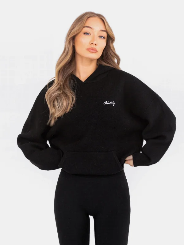 Women's Hooded Sweatshirts with Cinched WaistOversized Knitted Hoodie - Black