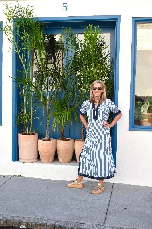 Women's Collarless DressesLinann Midi Dress Short Sleeve Royal Stripe with Navy