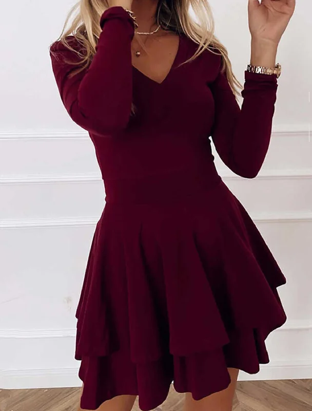 Women's Midi DressesA-Line Cocktail Dresses Christmas Red Green Dress Wedding Guest Homecoming Short / Mini Long Sleeve V Neck Spandex with Pleats Pure Color