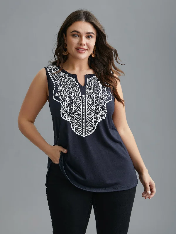 Women's Blouse with Gathered SleevesGeometric Printed Notched Collar Slim-Fit Tank Top