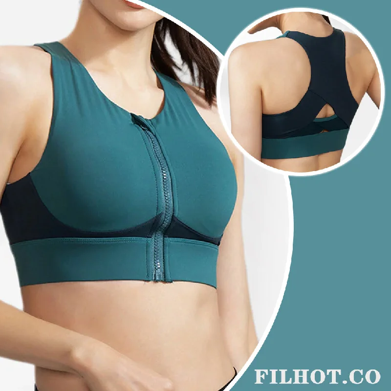 plus-size mastectomy bra with pockets for prosthesisFilhot™ Wide Shoulder Strap Front Zipper Color Sports Bra Up To 5XL