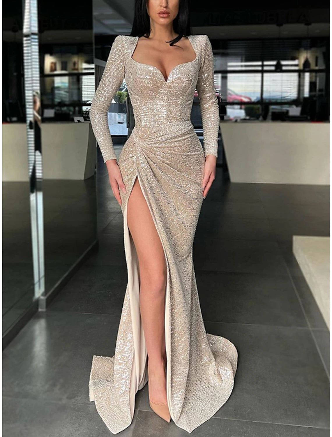 Women's Boat-Neck DressesSheath / Column Evening Gown Maxi Dress Evening Party Dress Prom Sweep / Brush Train Long Sleeve Sweetheart Sequined with Pleats Sequin Slit