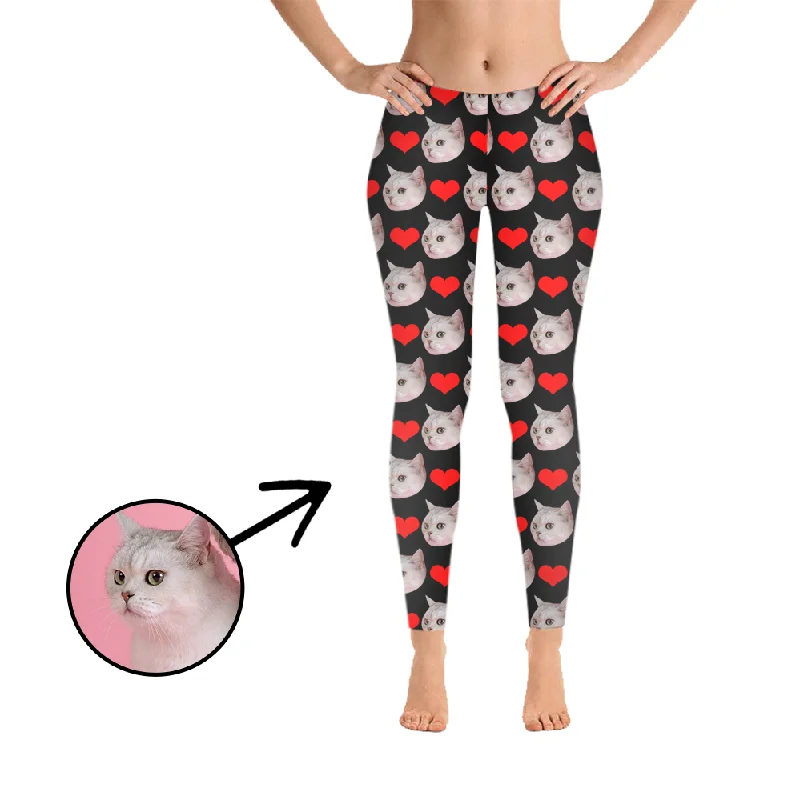 Custom Photo Leggings Heart I Love My Cat Black