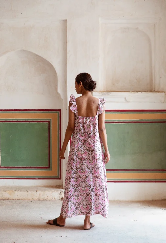 women's pajamas with a classic designBlock Print Cotton Nightdress - Soft Pink Floral Fan Print