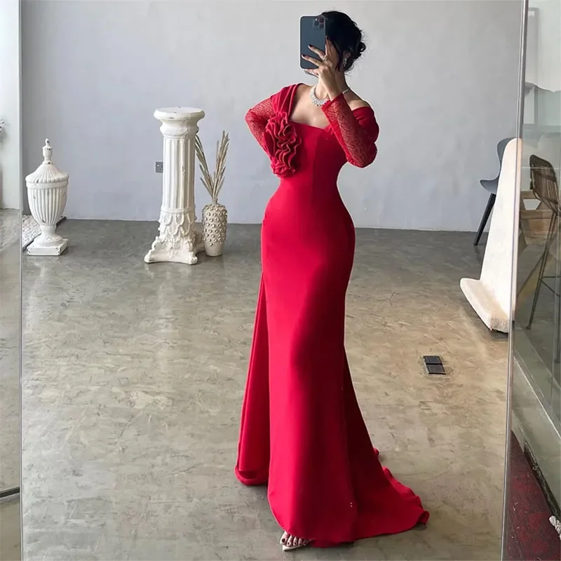 Women's Low Collar DressesElegant Red Evening Dresses Off the Shoulder Long Sleeves Handmade Flowers Mermaid Sweep Train Party Gowns for Women