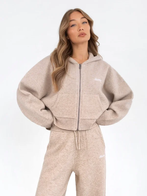 Women's Hooded Sweatshirts with Thermal FabricKnitted Full Zip Hoodie - Toasted Taupe