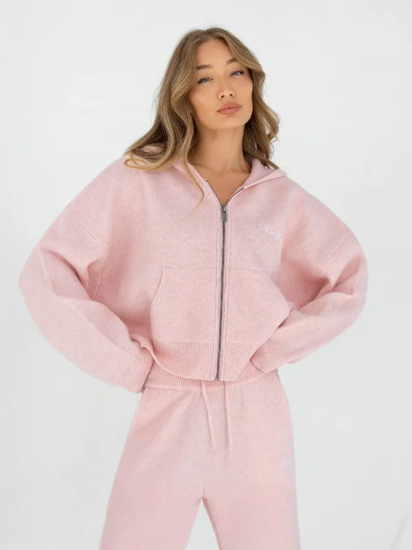 Women's Hooded Sweatshirts with Tie-Dye LiningKnitted Full Zip Hoodie - Marshmallow Pink