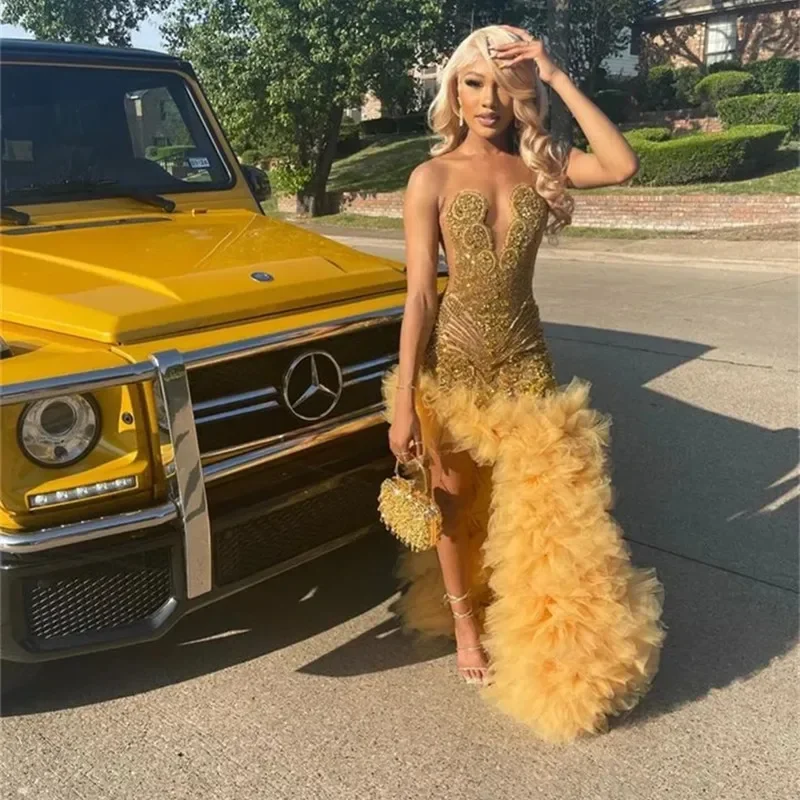 Women's Cold-Shoulder DressesCharming Gold Crystal Prom Dresses Beads Ruffle Tutu Skirt Rich Girls Formal Evening Gowns Maxi Birthday Party