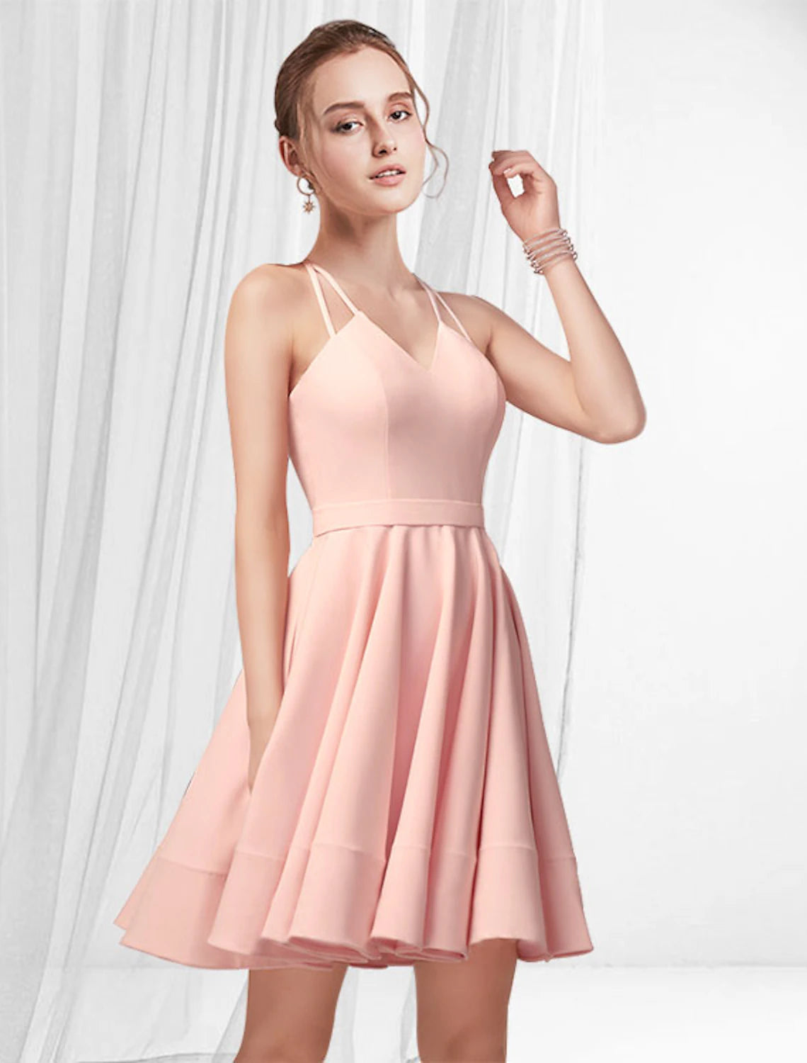 Women's Lapel Collar DressesA-Line Cocktail Dresses Reformation Amante Dress Homecoming Party Wear Short / Mini Sleeveless Spaghetti Strap Pink Dress Satin with Pleats