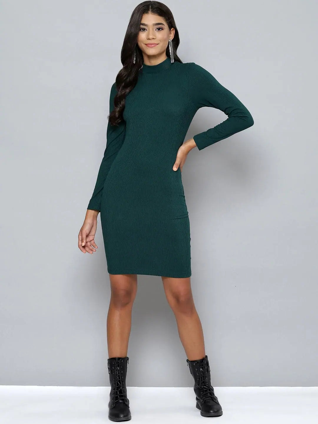 Women's Boat-Neck DressesWomen Emerald Rib High Neck Short Bodycon Dress