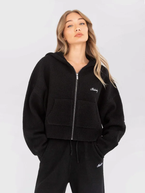 Women's Hooded Sweatshirts with ButtonsKnitted Full Zip Hoodie - Black