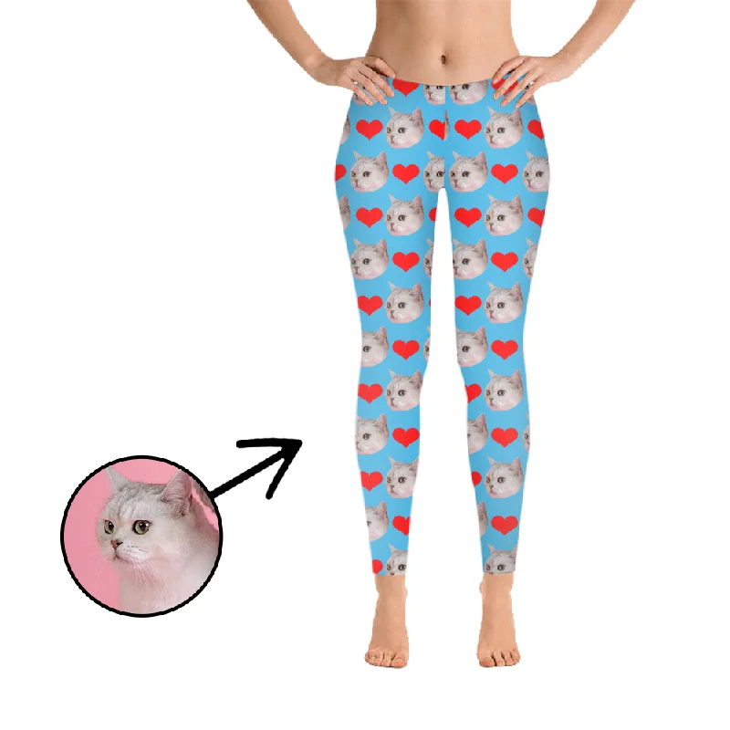 Custom Photo Leggings Heart I Love My Cat Light Blue