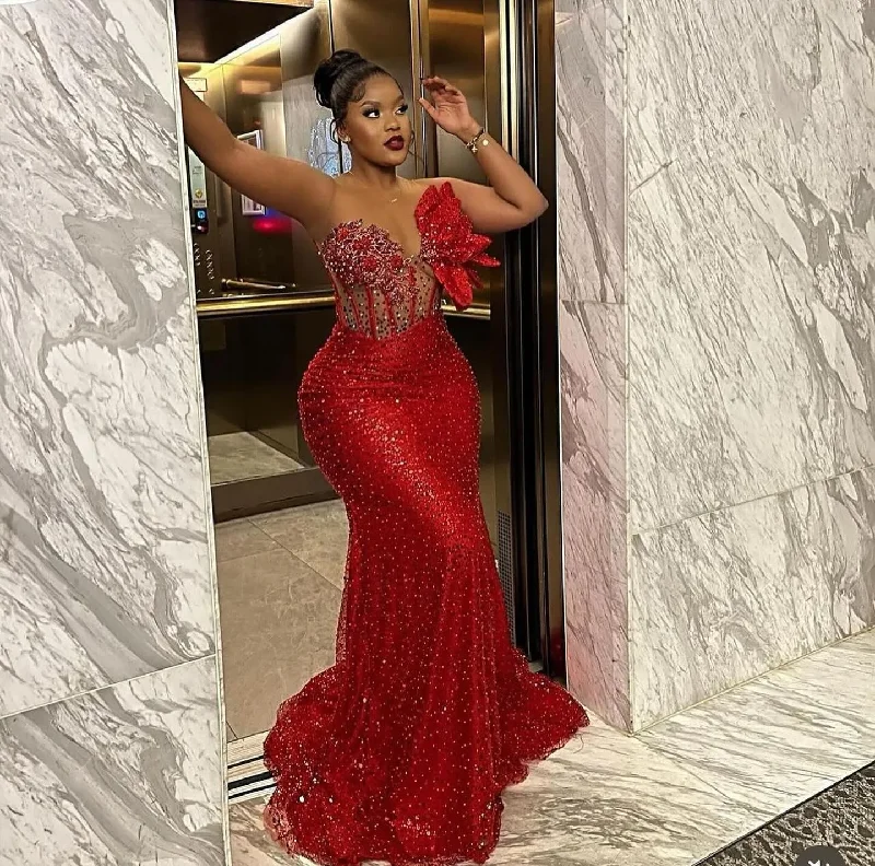 Women's Keyhole-Back DressesCouture Luxury Red Beaded Lace African Long Maxi Dresses Floral Beaded One Shoulder Mermaid Aso Ebi Formal Party Dress