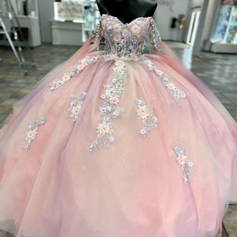 Women's V-Shaped-Neck DressesMexico Pink Ball Gown Quinceanera Dress Beaded Appliques Lace Tull Birthday Party Gowns Sweet 16 15 Prom Vestido xv Robe De Ball