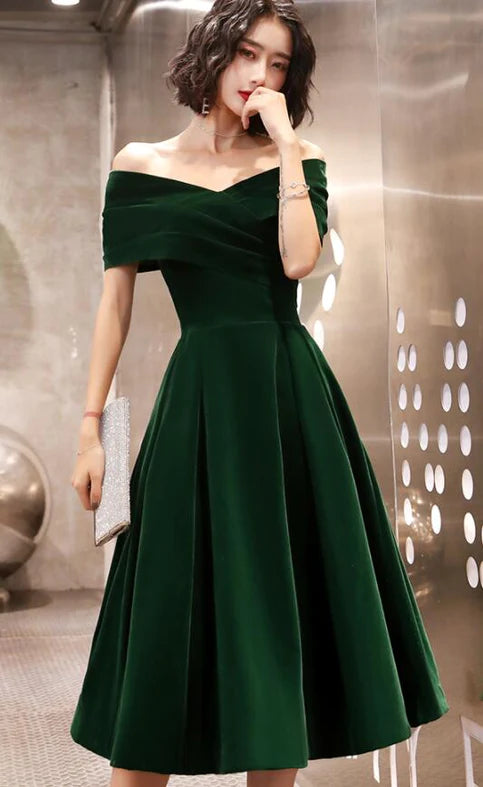 Women's Fit and Flare DressesGreen Velvet Off Shoulder Vintage Style Bridesmaid Dress, Tea Length Party Dress