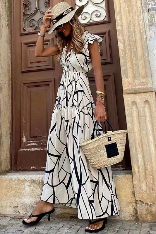 Women's Off-Shoulder DressesGeometric Print V Neck Ruffle Maxi Dress