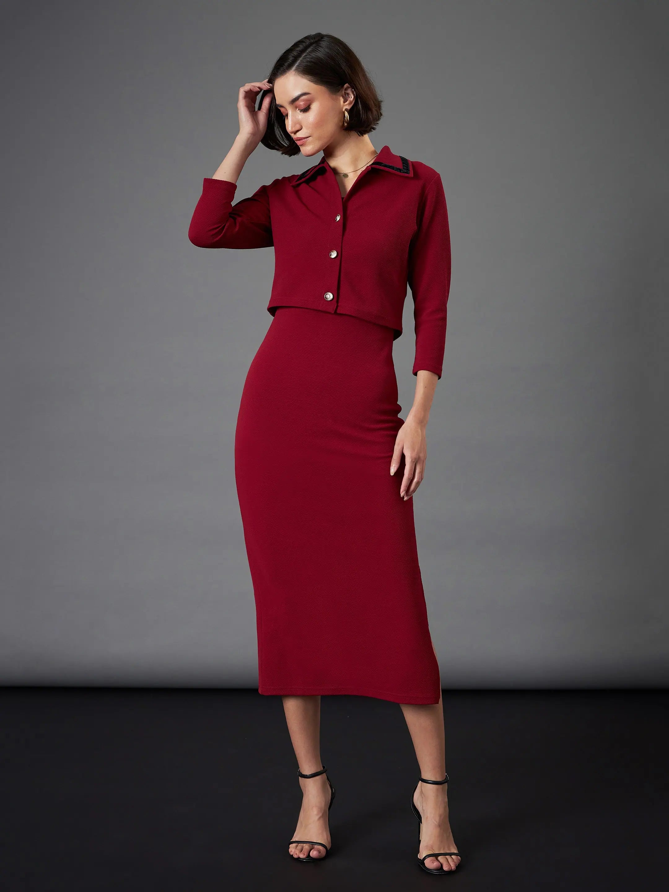 Women's V-Neck DressesWomen Maroon Strappy Bodycon Dress With Crop Jacket