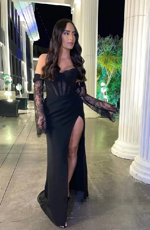 Women's Asymmetrical DressesSexy Black Satin Prom Party Dress Detachable Long Sleeve Formal Night Event Gowns High Split Evening Dresses Vestidos