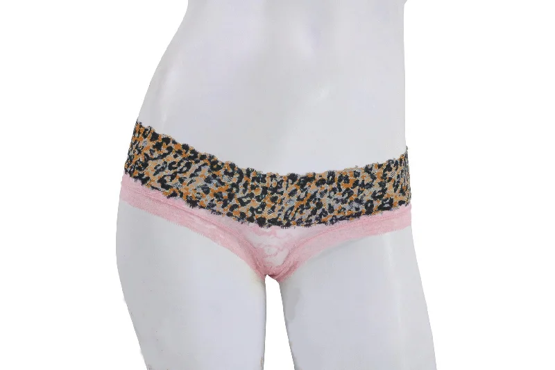 sheer lace panties with an adjustable waistbandPeach Lace Panty with Leopard Trim