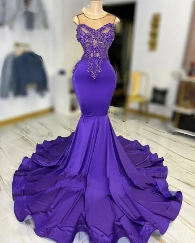 Women's Narrow Collar DressesExquisite Purple O Neck Long Prom Dress Beaded Birthday Party Dresses Mermaid Evening Gowns Appliques