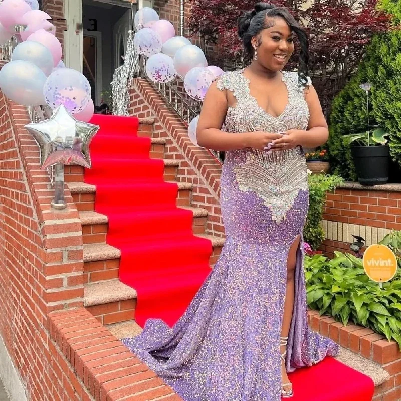 Women's High-Neck DressesGlitter Purple Sequins Prom Dress For Black Girls 2024 High Slit Silver Crystal Beaded Party Gown Robe De Soiree