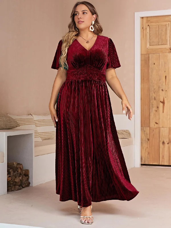 Women's Short-Sleeve DressesEvening dress Women’s V Neck Velvet Maxi Dress Short Sleeve Empire Waist Long plus size Formal Wear Dresses Wedding Guest Dress