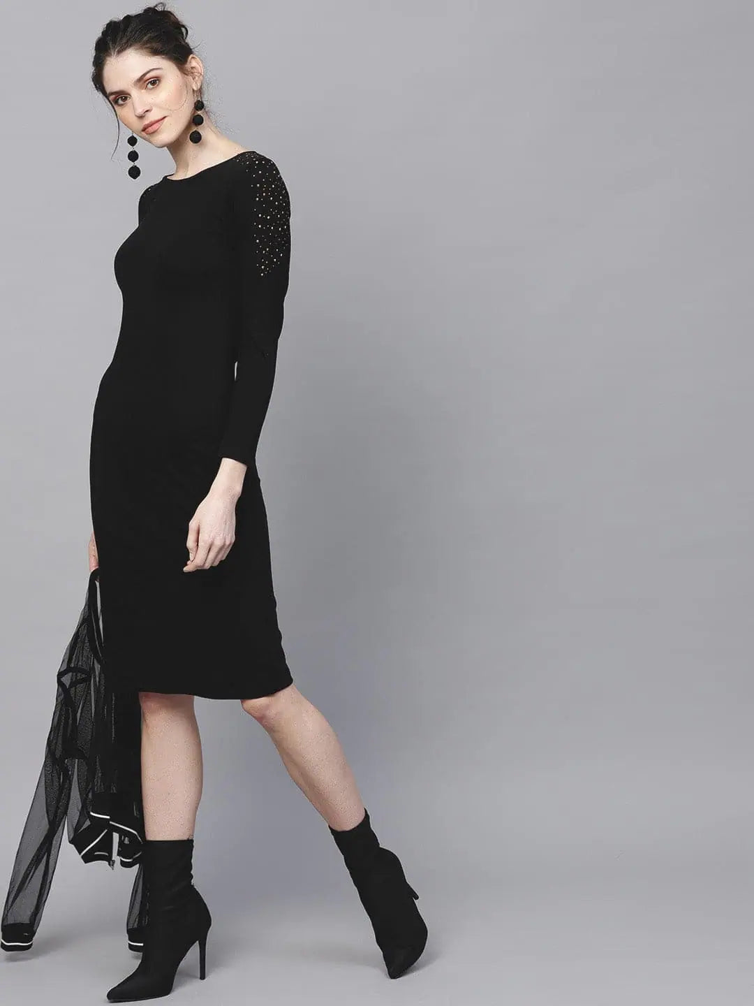 Women's Shirt Collar DressesBlack Bodycon Studded Dress