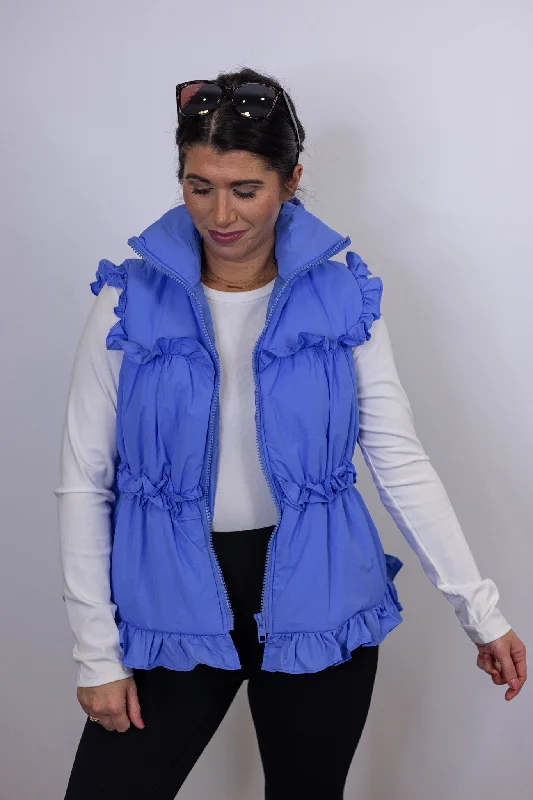 Women's Blouse with Lapel CollarRuffled Bows Blue Puffer Vest