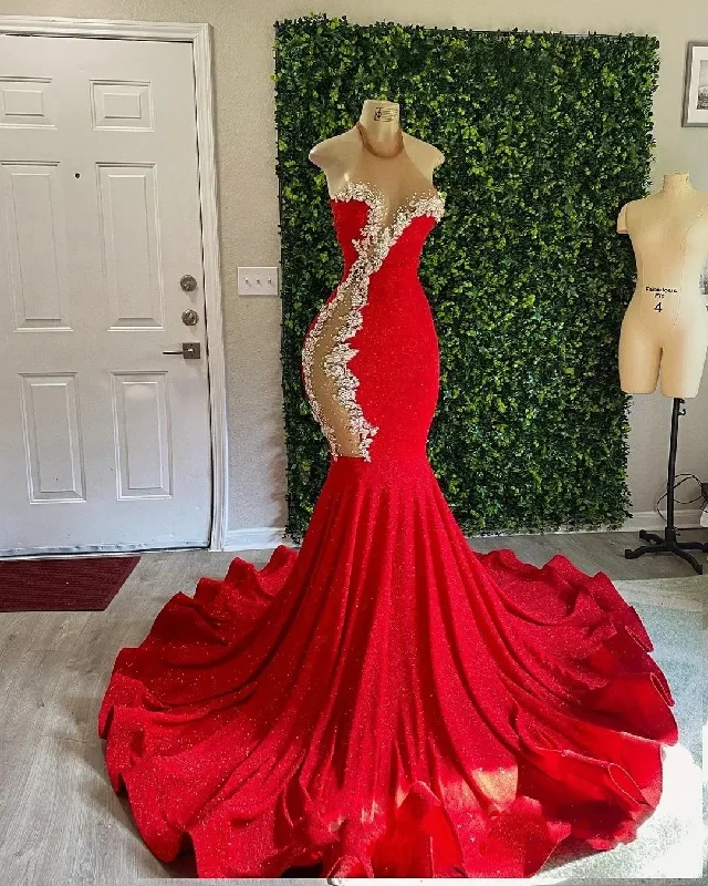 Women's Square-Neck DressesNew Sexy Hatal Neck Cocktail dress Sleeveless Red Satin Mermaid Formal Evening Dress Custom Appliques Beads Women Party Dress