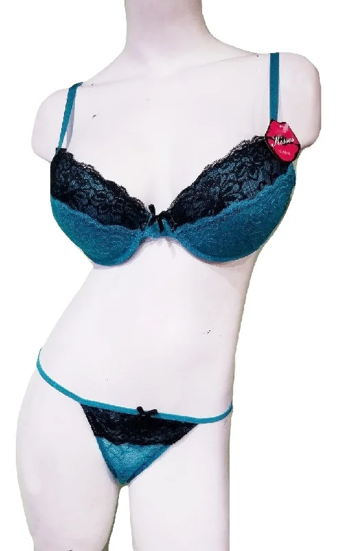 stretch lace panties with a sheer overlay for a seductive appeal2 Piece Caribbean-Blue Lace Bra & Panty Set