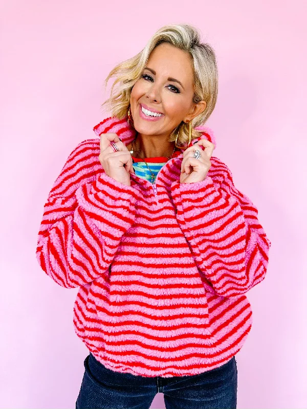 Women's Jumpsuits with Low CollarSNUGGLY STRIPE HALF ZIP PULLOVER - PINK/RED