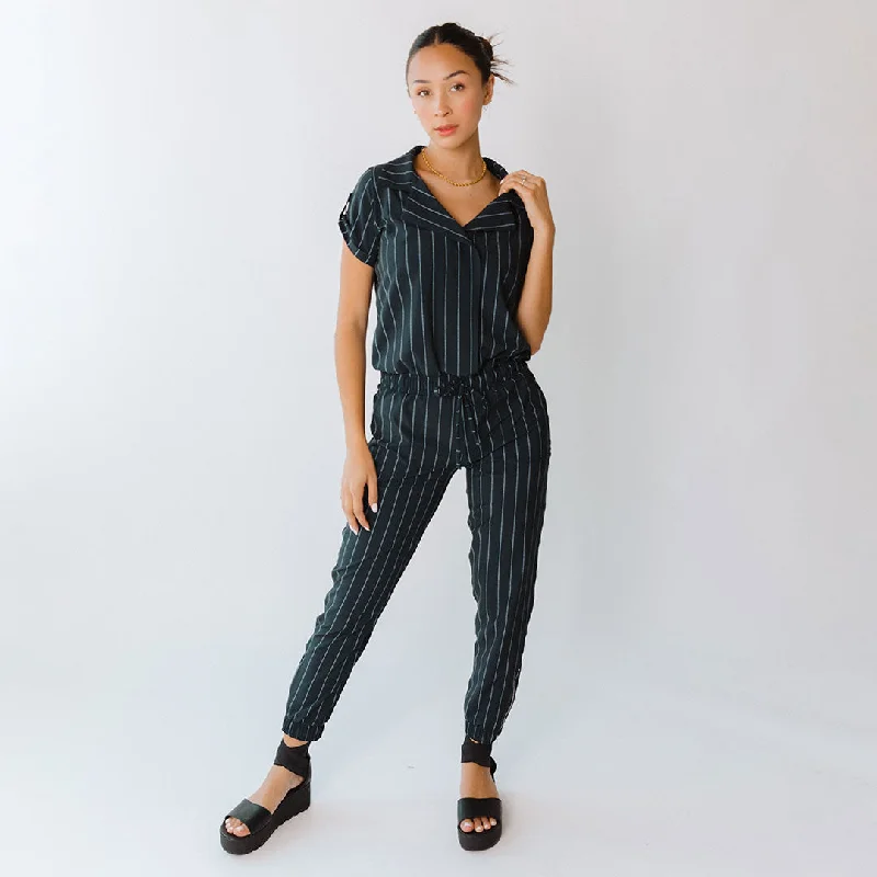 Women's Jumpsuits with Asymmetrical HemNavy Pinstripe Collar Jumpsuit