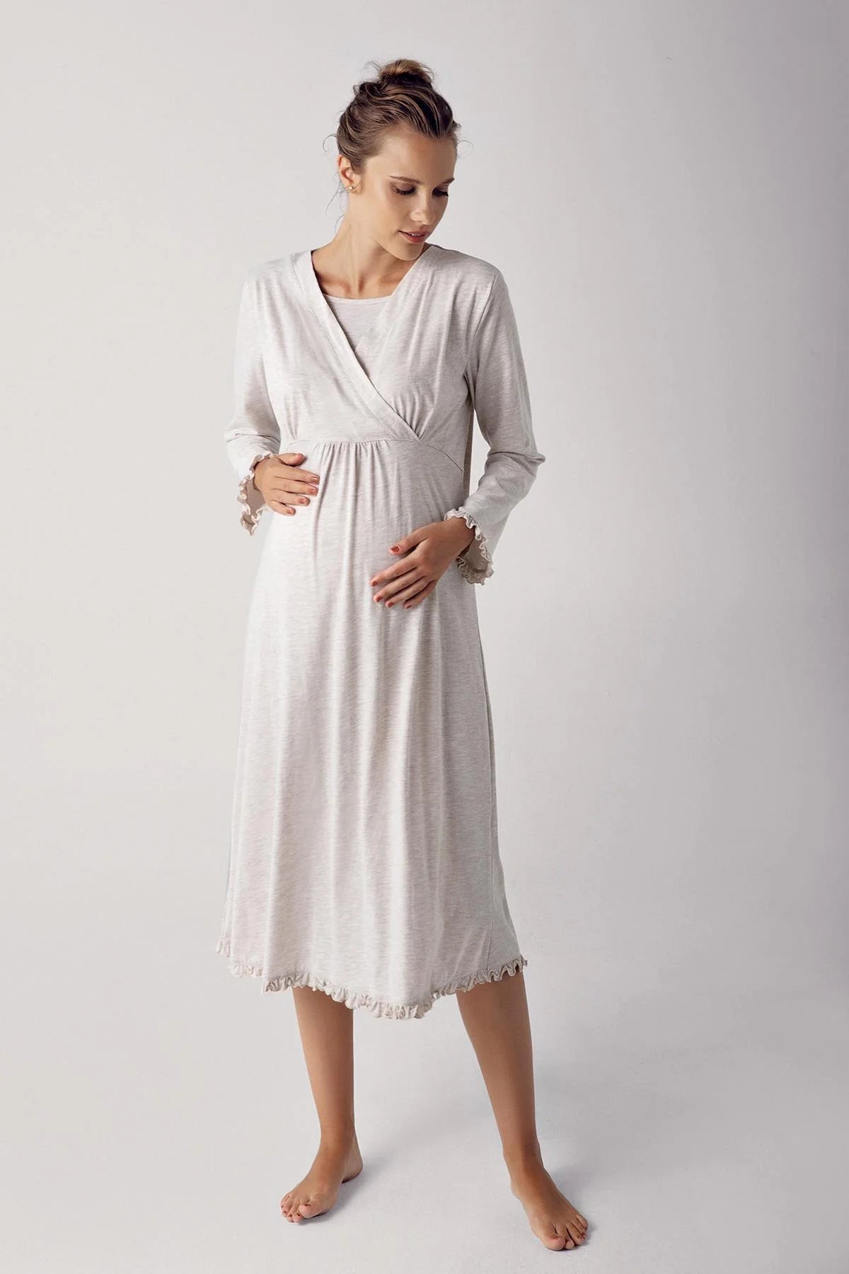 women's pajamas designed for sleepShopymommy 13112 Double Breasted Maternity & Nursing Nightgown Beige