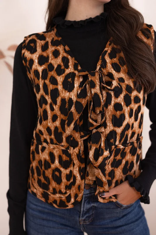 Women's Blouse with U-Shaped CollarLeopard Print Bows Quilted Vest