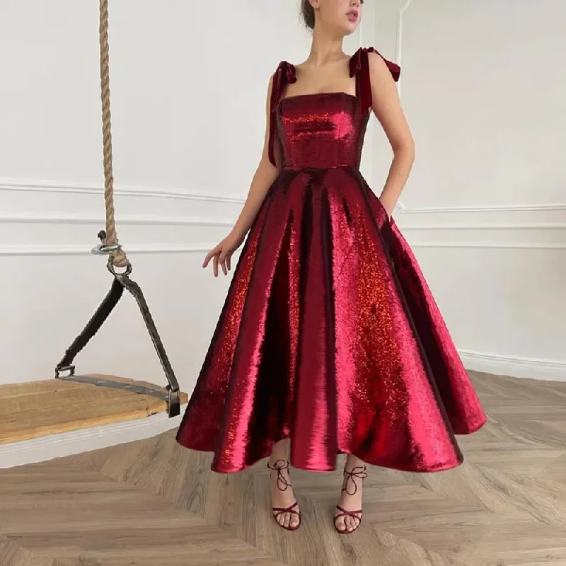 Women's Shirt Collar DressesDesigner Wine Red Prom Dresses Sparkly Sequins Ankel Length Velvet Straps Swete Short Evening Night Party Gowns Maxi