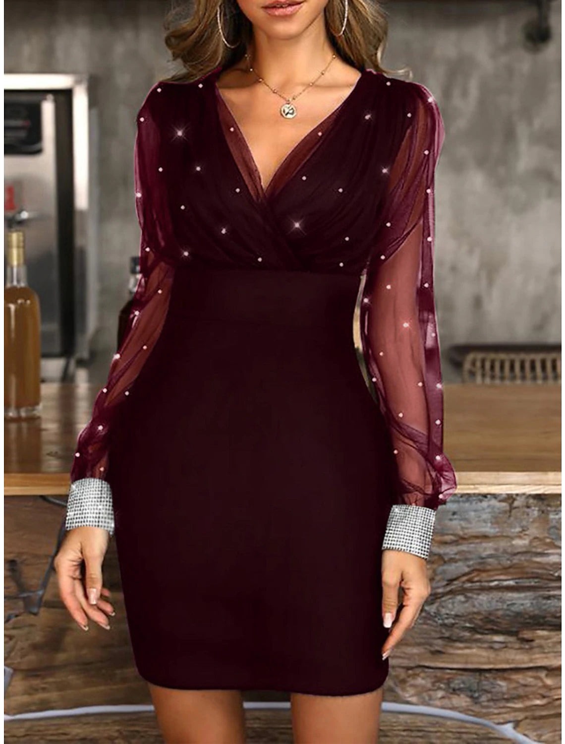 Women's Sheath DressesWomen‘s Christmas Party Dress Homecoming Dress Cocktail Dress Bodycon Mini Dress Black Wine Blue Long Sleeve Pure Color Ruched Fall Winter Autumn V Neck Fashion Vacation