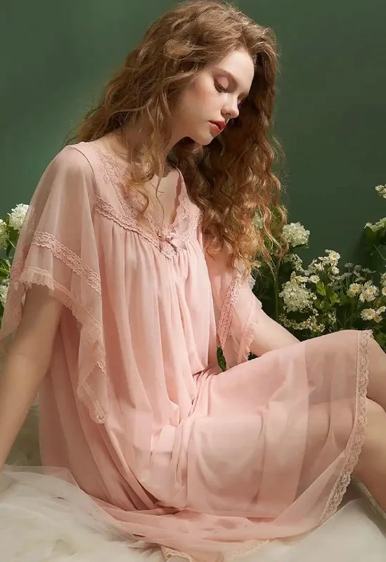 women's pajamas with moisture-wicking fabricVintage Gauze V- neck Short Sleeve Nightgown, Summer Lace Embroidery Loose Night Dress