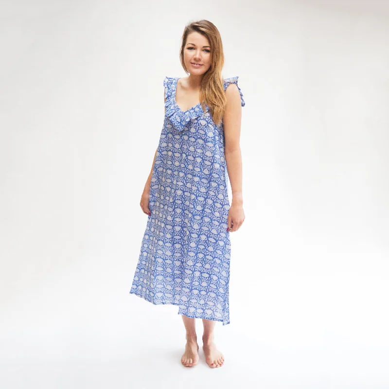 women's pajamas with a cozy, warm feelBlock Print Cotton Nightdress - Blue & White